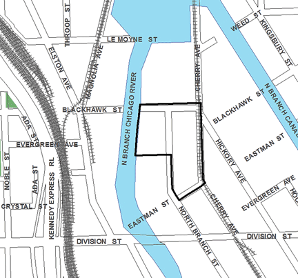 Eastman/North Branch TIF district, terminated in 2012, was roughly bounded on the north by Blackhawk Street, Eastman Street on the south, Cherry Avenue on the east, and the North Branch of the Chicago River on the west.